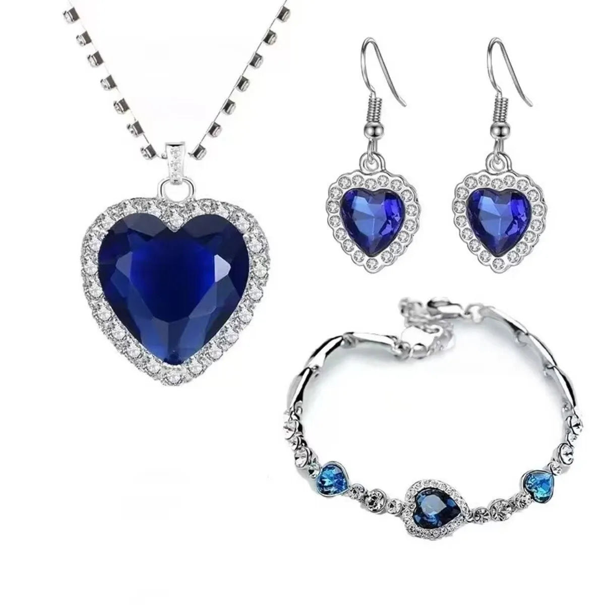 Ocean Heart Titanic Blue Red Pendant Earring Necklace+Velvet Bag