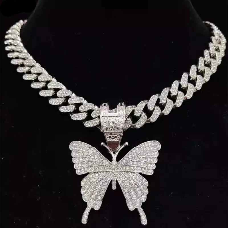 Hip Hop Iced Out Bling butterfly Pendant Necklace Fashion Charm Jewelry