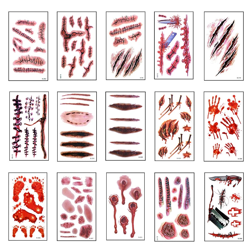 6pcs Halloween Bloody Wound Tattoo Stickers Trick Scary Waterproof Temporary Tattoo