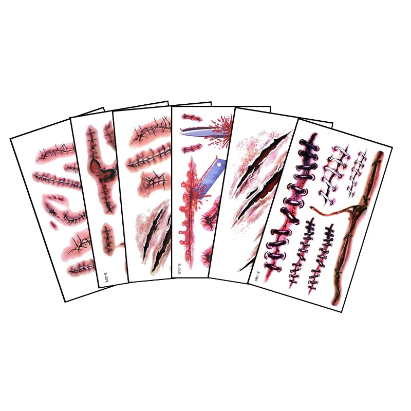 6pcs Halloween Bloody Wound Tattoo Stickers Trick Scary Waterproof Temporary Tattoo