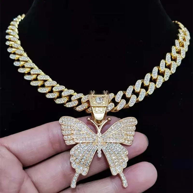 Hip Hop Iced Out Bling butterfly Pendant Necklace Fashion Charm Jewelry