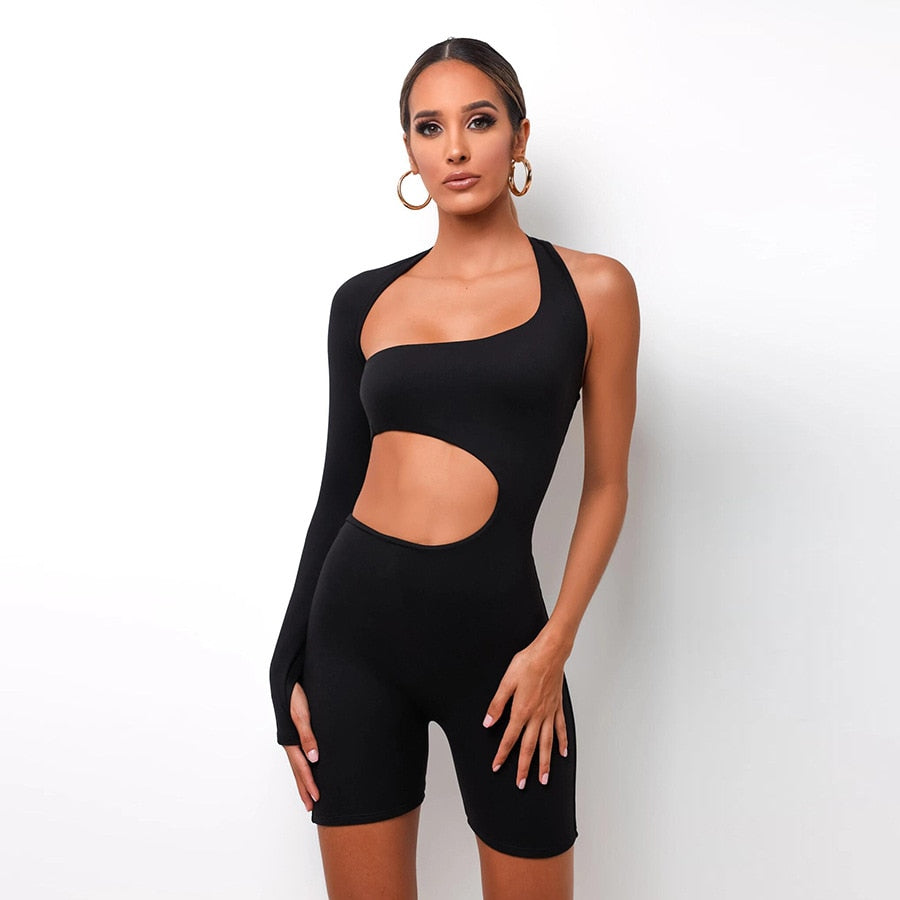 Summer Autumn Women Fitness Jumpsuit One Shoulder Skinny