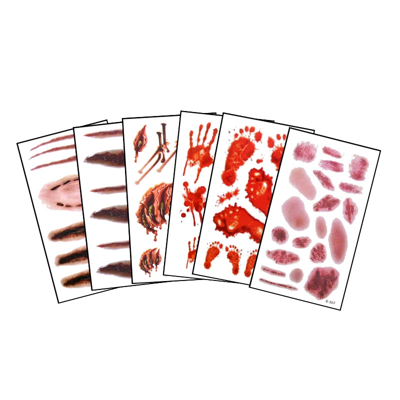 6pcs Halloween Bloody Wound Tattoo Stickers Trick Scary Waterproof Temporary Tattoo