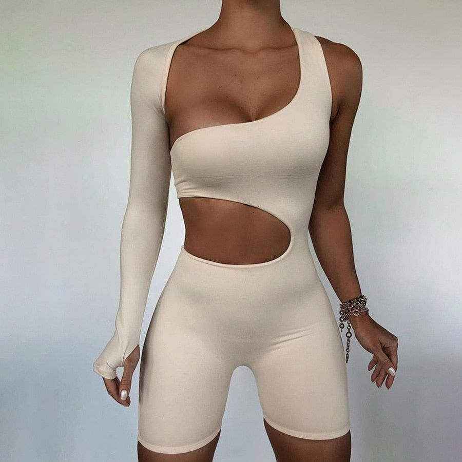 Summer Autumn Women Fitness Jumpsuit One Shoulder Skinny