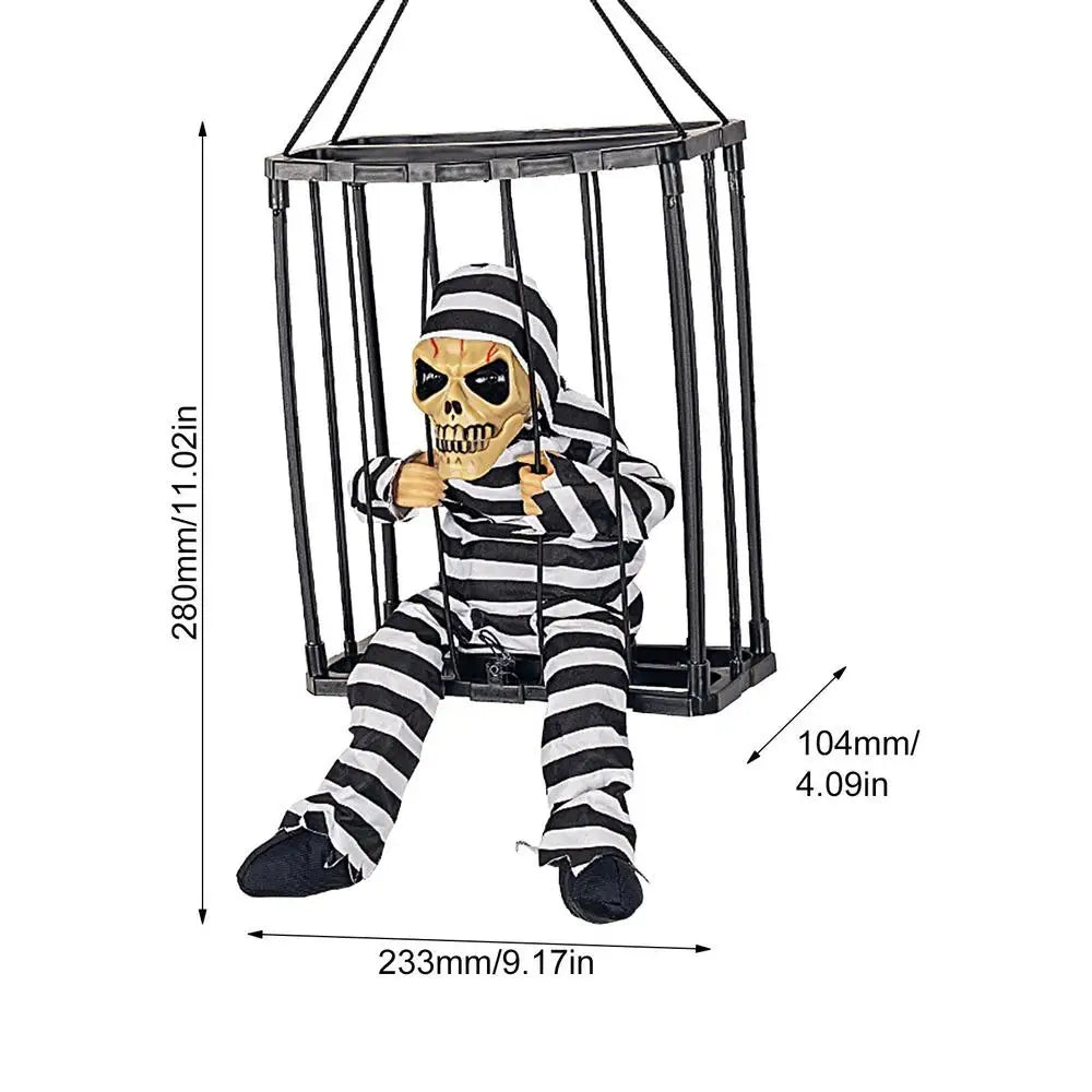 Halloween Hanging Ghost In Cage Prop Statue Voice Control Cage Design Luminous Skull