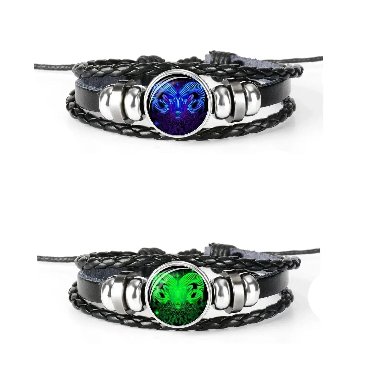 12 Constellation Zodiac Sign Black Braided Leather Bracelet