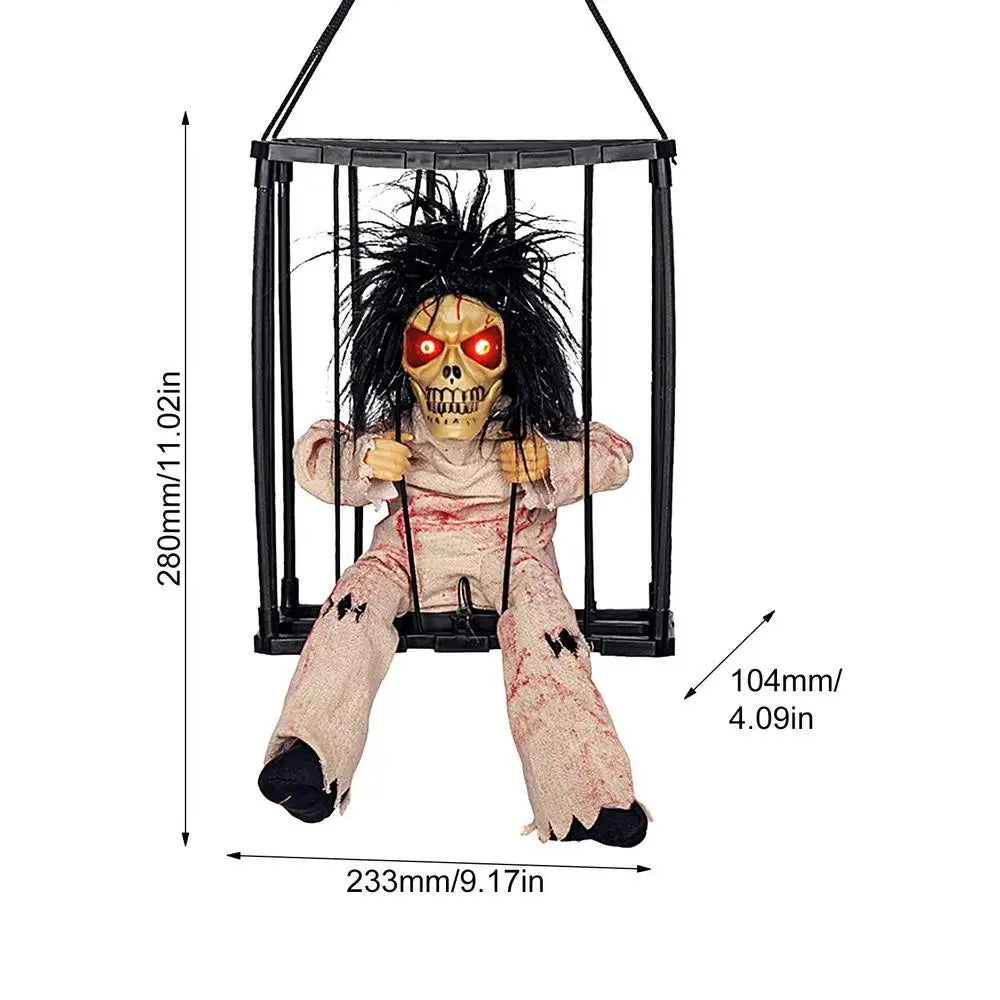 Halloween Hanging Ghost In Cage Prop Statue Voice Control Cage Design Luminous Skull