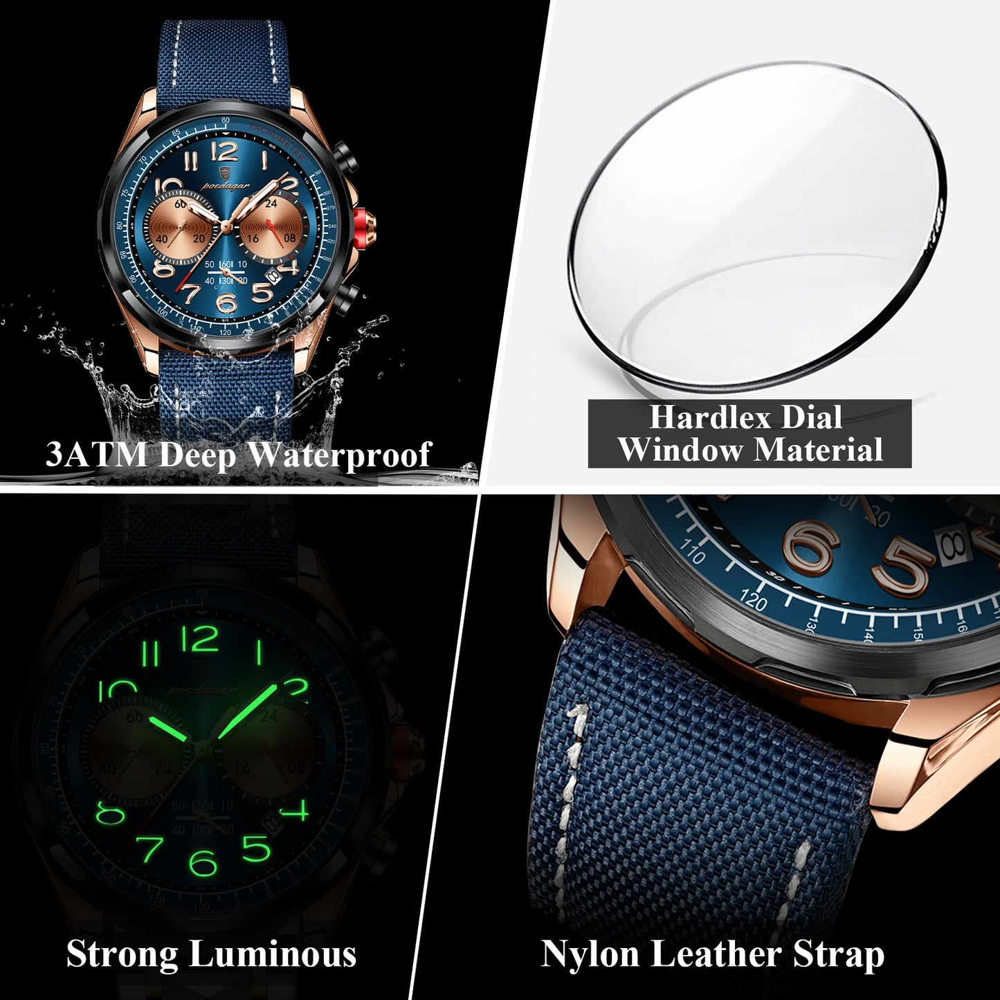 POEDAGAR Luxury Watch Men Quartz Nylon Leather Strap Man Wristwatch