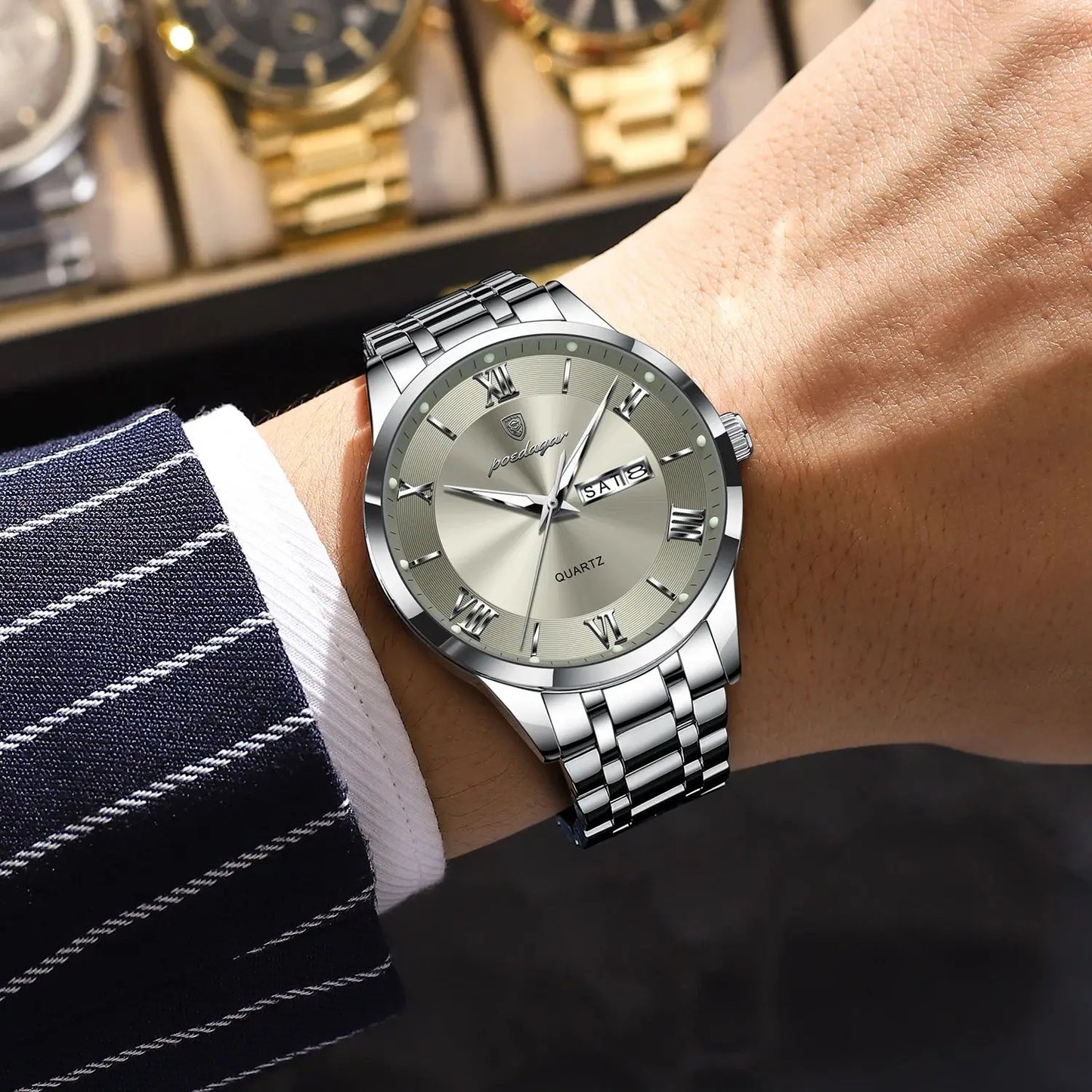 POEDAGAR Luxury Fashion Men Waterproof Luminous Date Week Man Wristwatch
