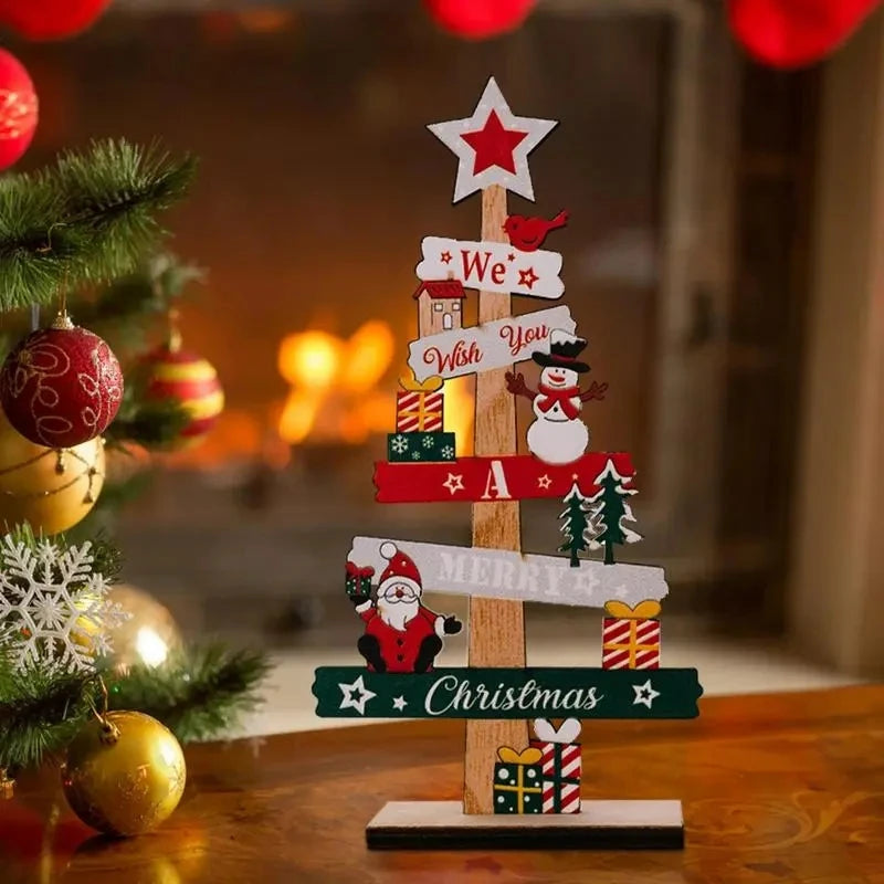 Wooden Christmas Tree Desktop Ornament Santa Claus Merry Christmas Sign