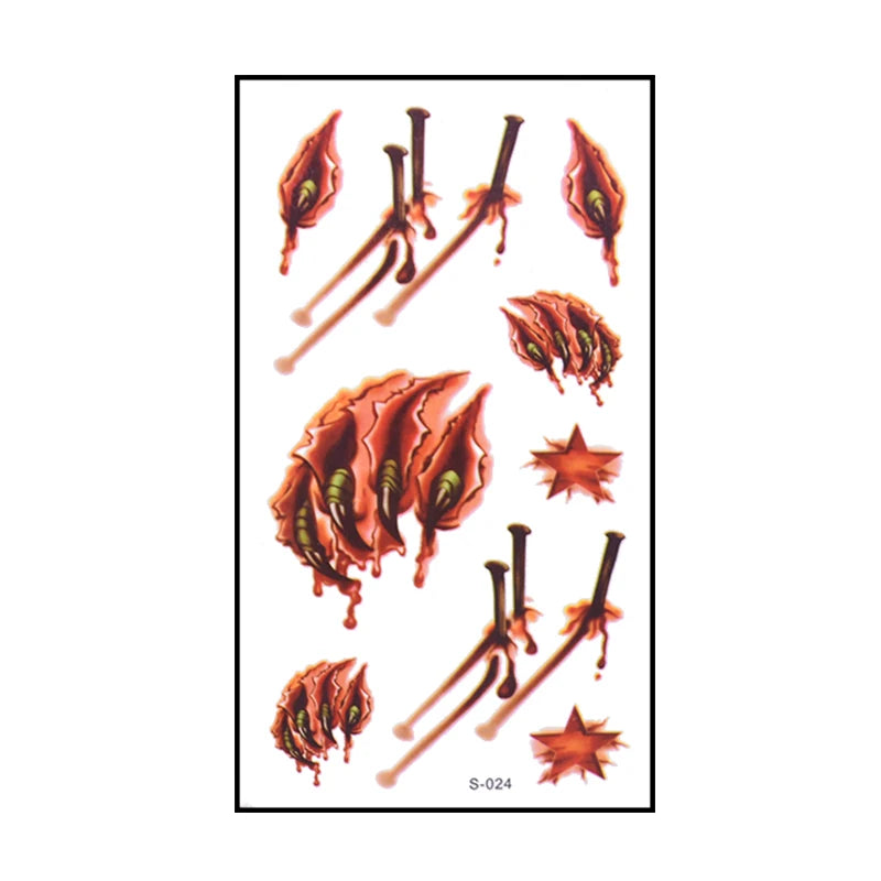 6pcs Halloween Bloody Wound Tattoo Stickers Trick Scary Waterproof Temporary Tattoo
