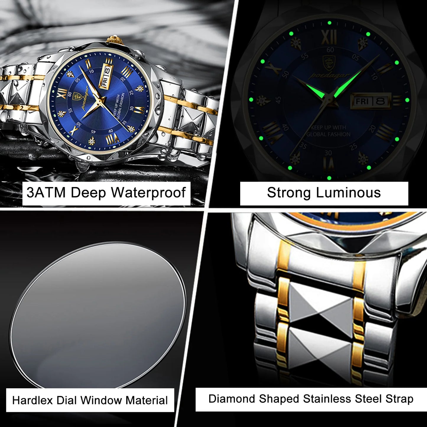 POEDAGAR Business Luxury Waterproof Stainless Steel Luminous Man Wrist watch