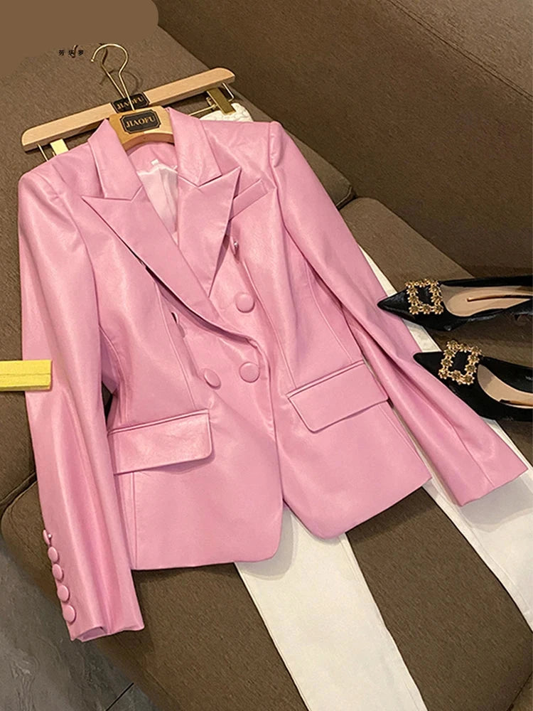 Stylish Short Pink Soft Pu Leather Long Sleeve Slim Fit Jackets for Women