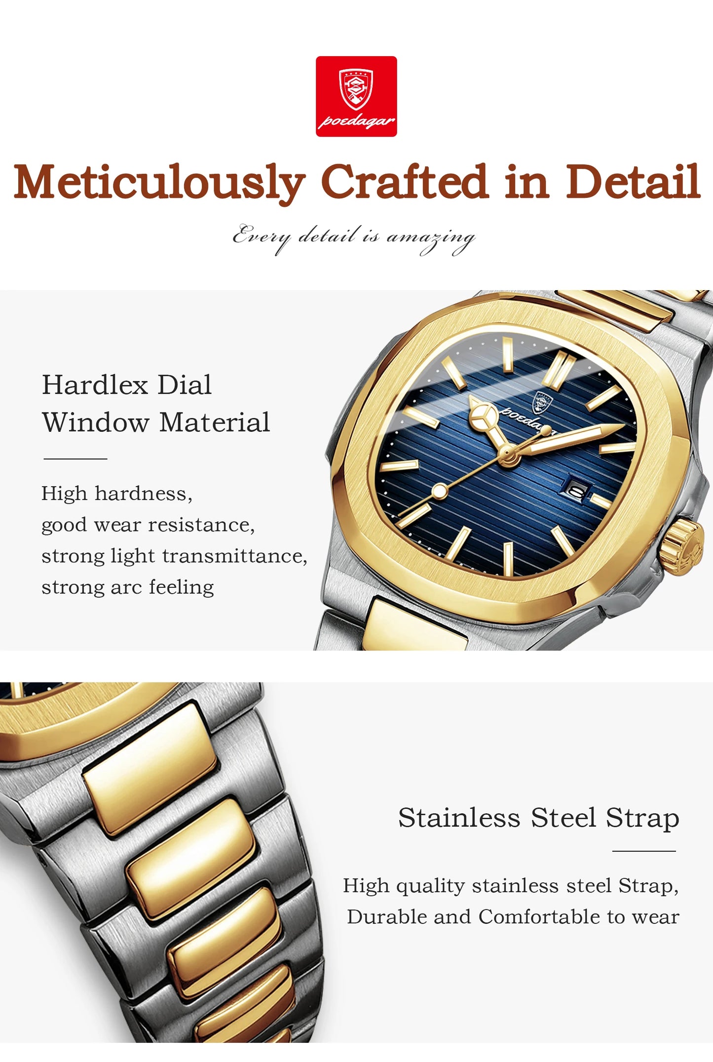 POEDAGAR Luxury Square Watch for Woman Waterproof Luminous Date Ladies Watch