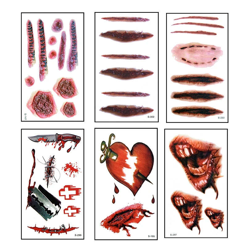 6pcs Halloween Bloody Wound Tattoo Stickers Trick Scary Waterproof Temporary Tattoo