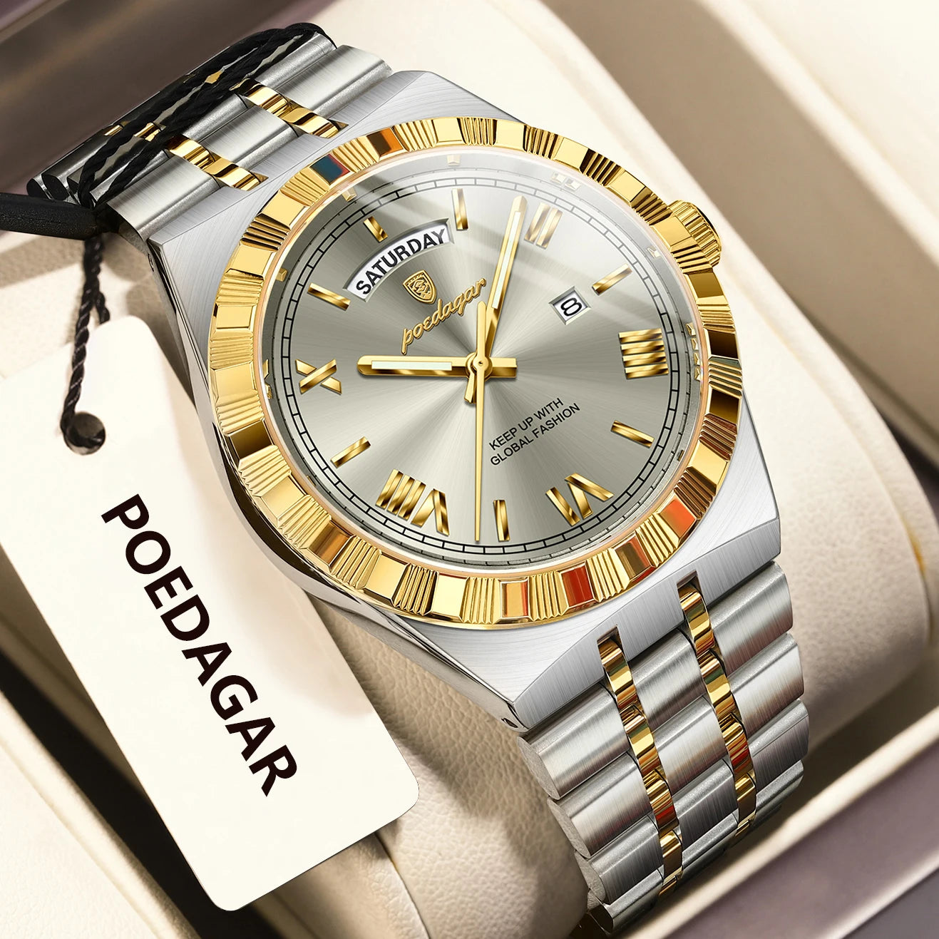 POEDAGAR Original Luxury Man Watch Week Date Luminous Waterproof Watches