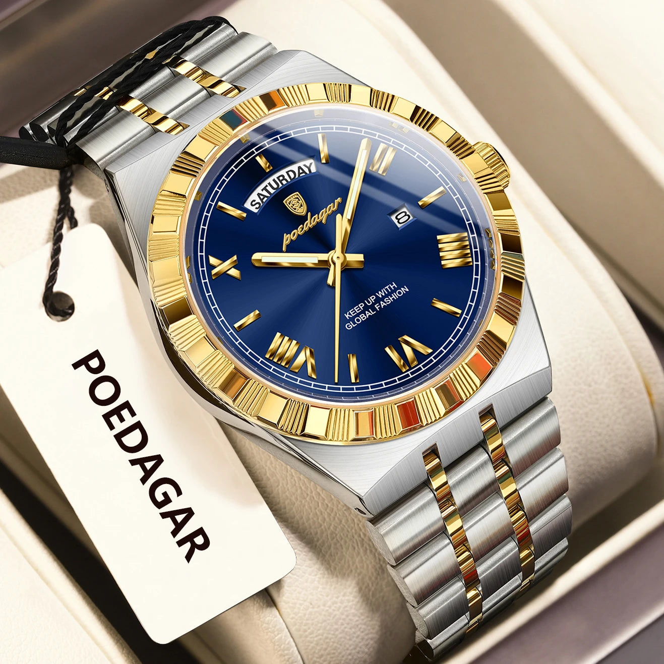 POEDAGAR Original Luxury Man Watch Week Date Luminous Waterproof Watches