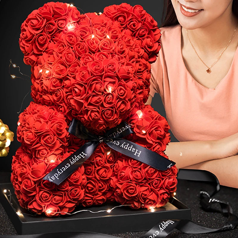 Valentine Gifts Decoration Rose Bear Artificial Flower With Box Lights
