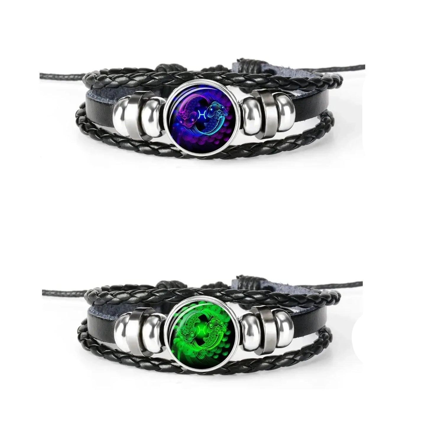 12 Constellation Zodiac Sign Black Braided Leather Bracelet