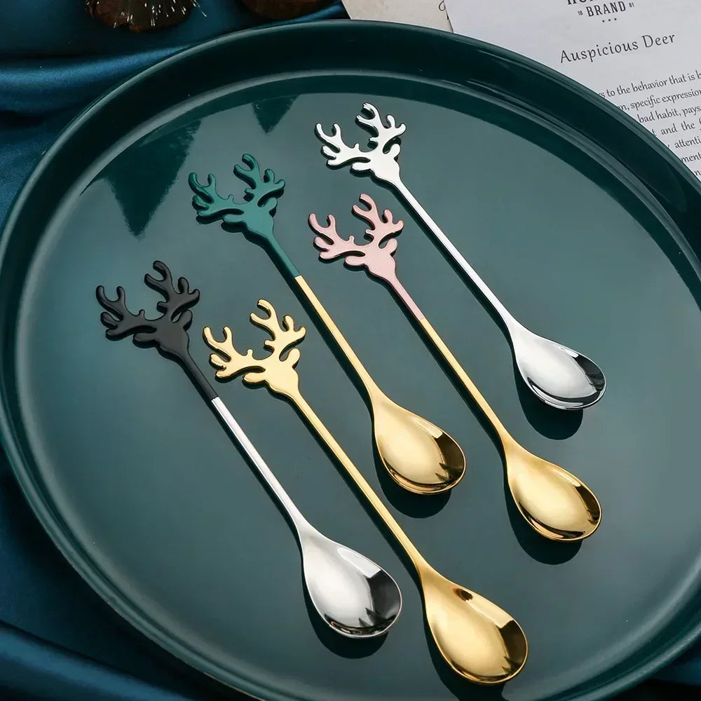 4pcs Christmas Elk Head Shape Stainless Coffee Spoon Christmas Decoration