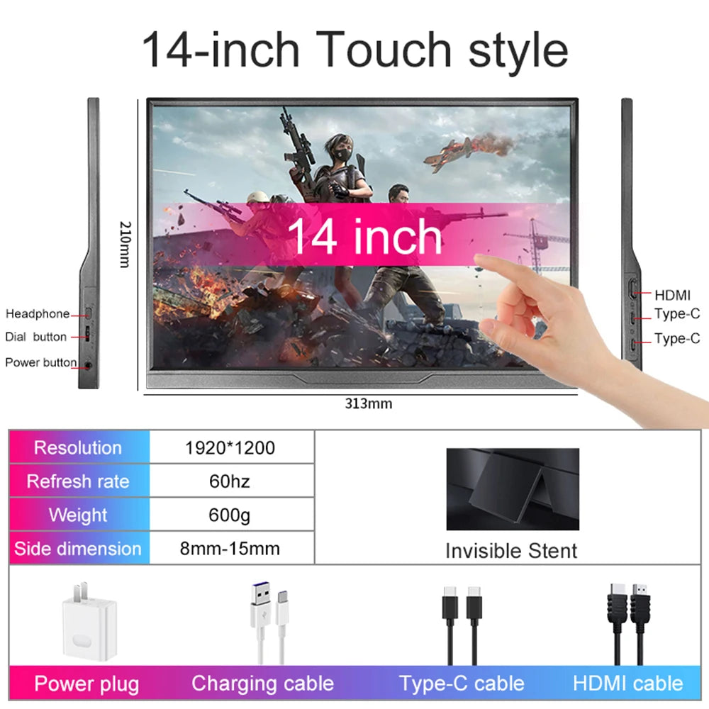 14inch Portable Monitor Touch IPS USB-C HDMI External Second Screen