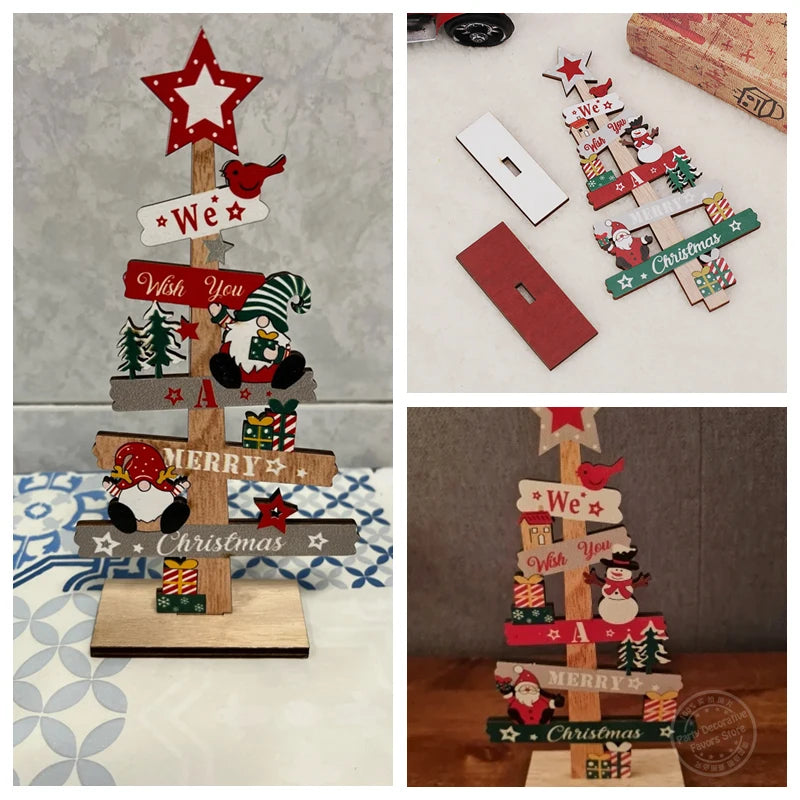 Wooden Christmas Tree Desktop Ornament Santa Claus Merry Christmas Sign