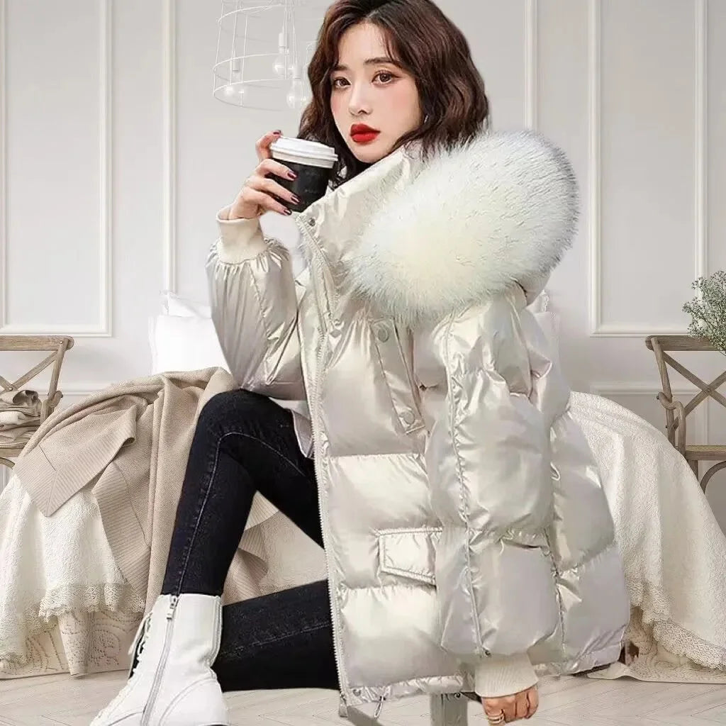 Winter Fashion New Warm Duck Down Jacket Women's Clothes Glossy Fur collar