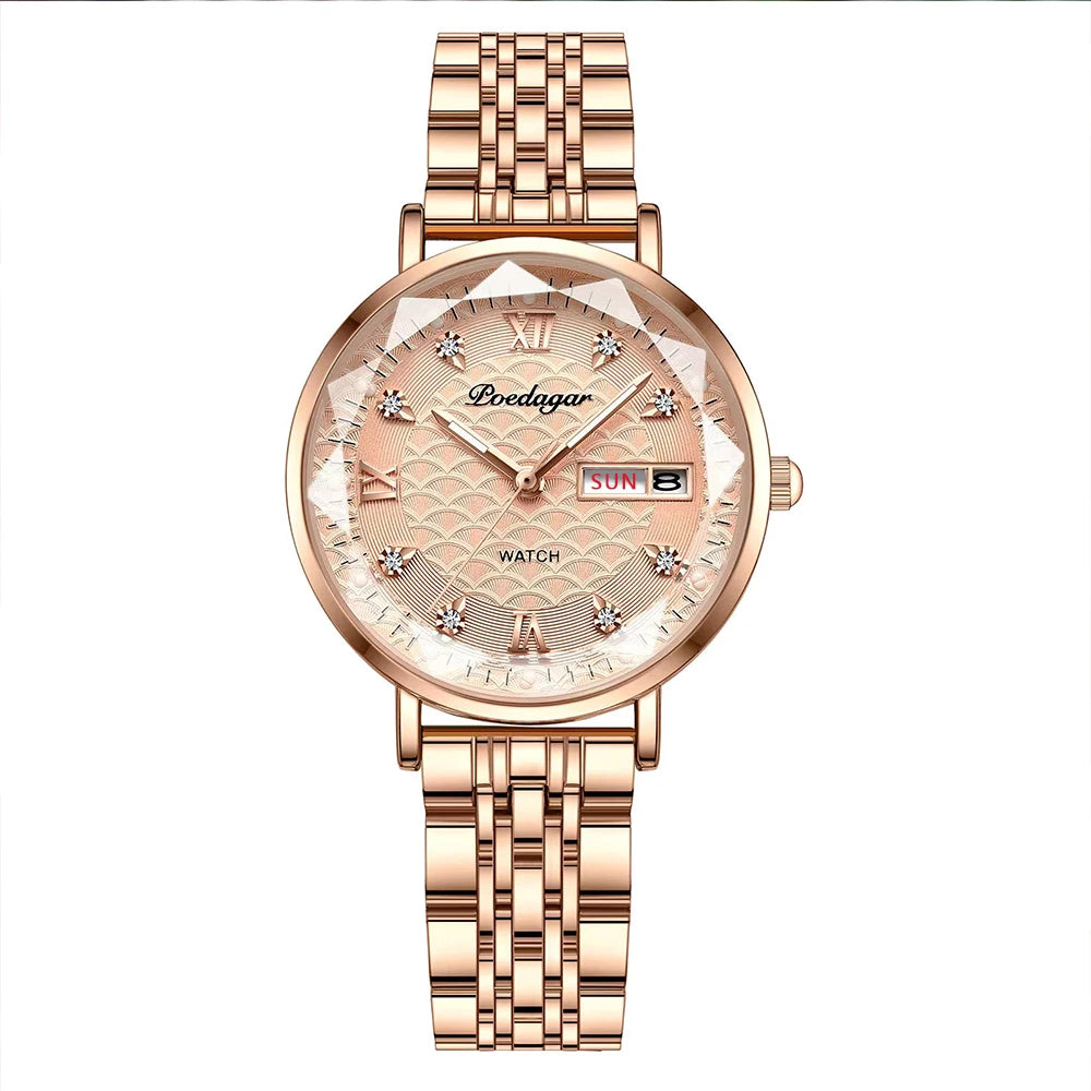 POEDAGAR Original Luxury Women Watch Week Date Waterproof Steel Woman Watch