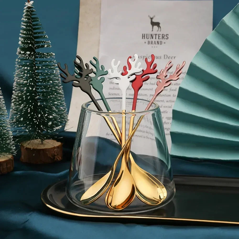 4pcs Christmas Elk Head Shape Stainless Coffee Spoon Christmas Decoration