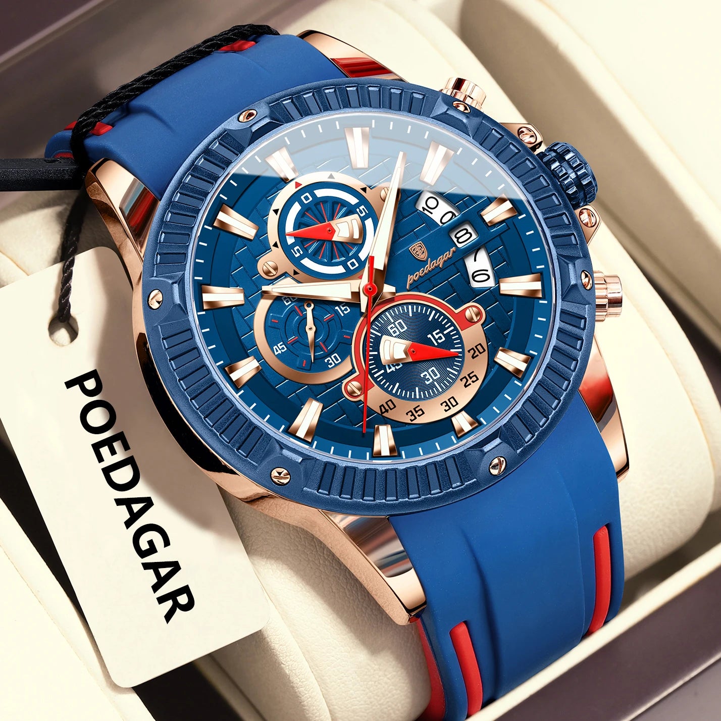 POEDAGAR Luxury Men Watch Silicone Strap Chronograph Date Man Wristwatch