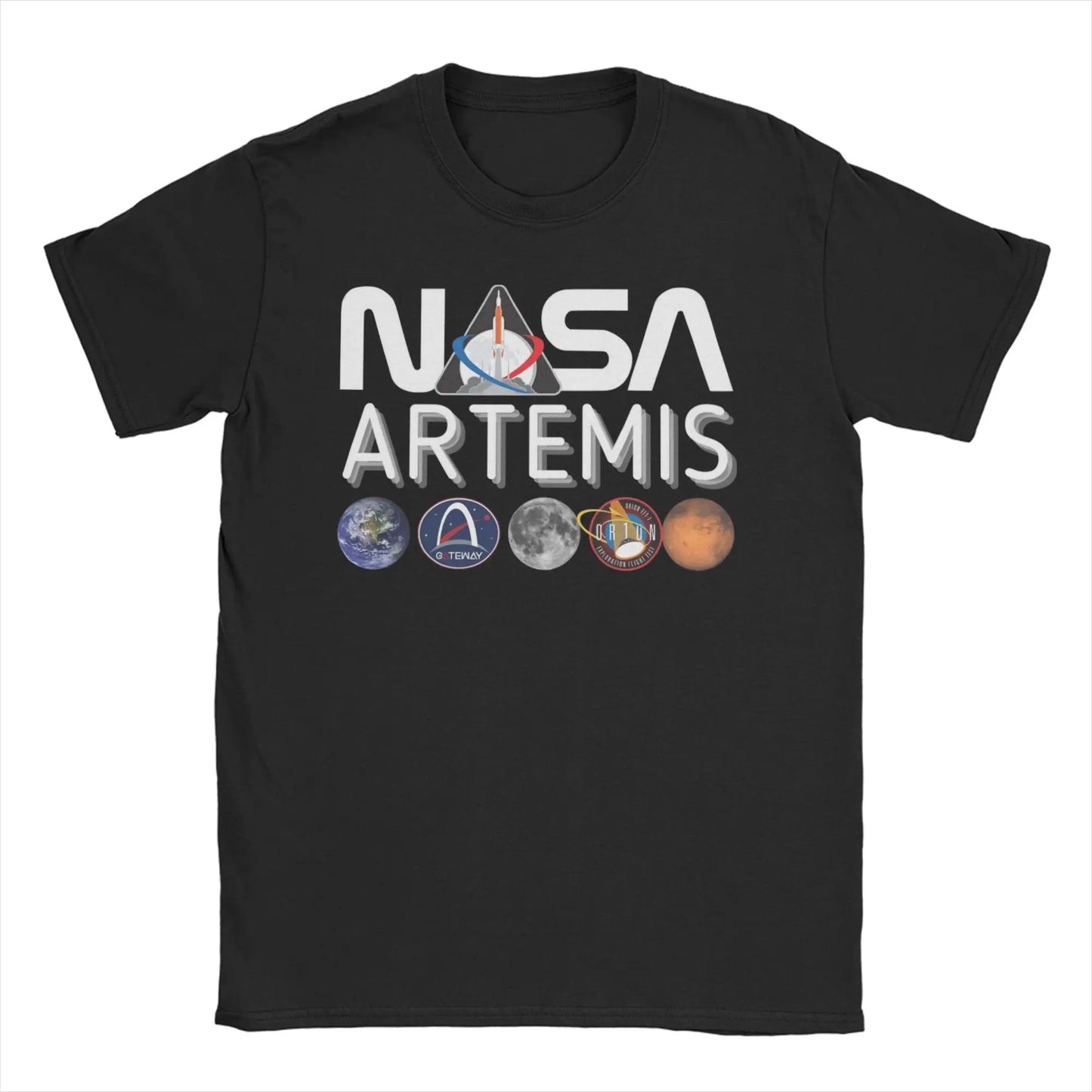 Men T-Shirt Saturn V Apollo Crewed Lunar Expedition Artemis 100% Cotton Tees Short Sleeve T Shirt Round Neck Clothing Gift Idea