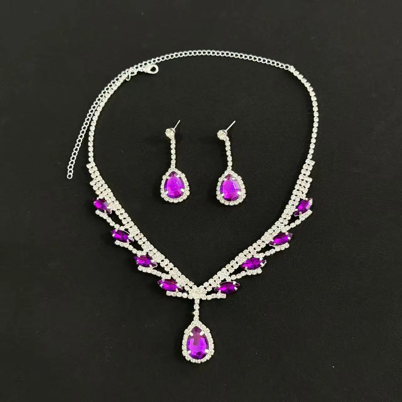 Rhinestone necklace earring set, bridal jewelry, purple water droplet jewelry