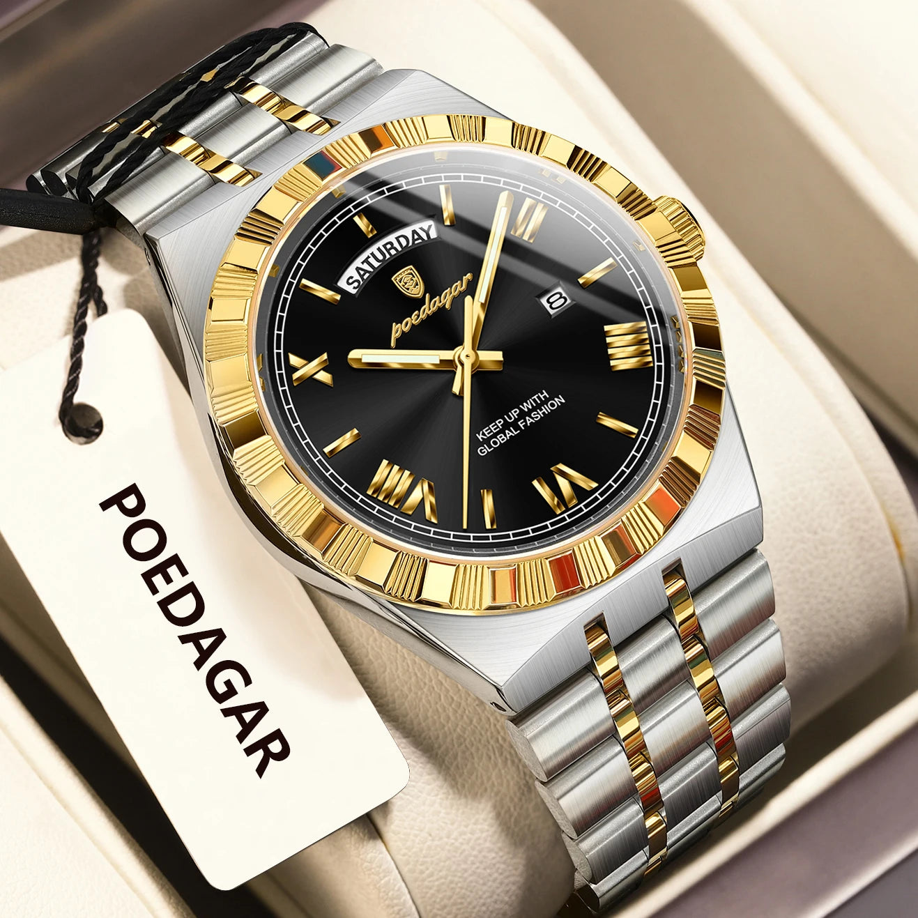 POEDAGAR Original Luxury Man Watch Week Date Luminous Waterproof Watches