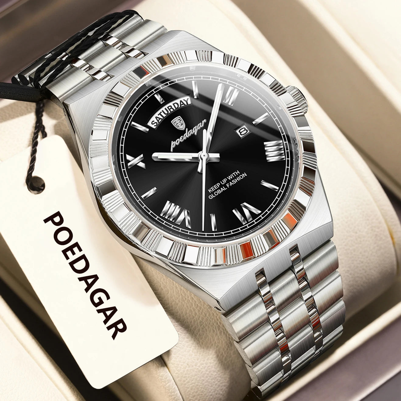 POEDAGAR Original Luxury Man Watch Week Date Luminous Waterproof Watches