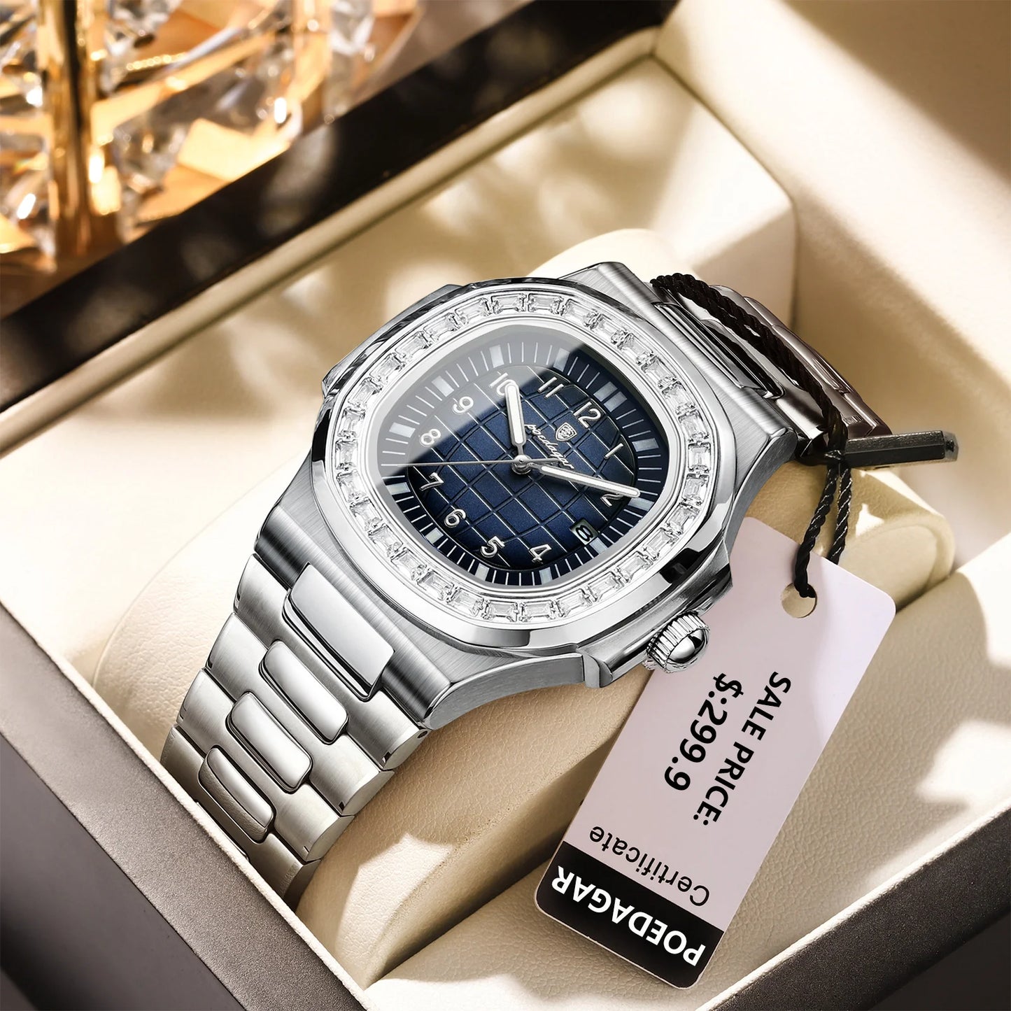 POEDAGAR Luxury Square Watches for Men Waterproof Luminous Date Man Wristwatch