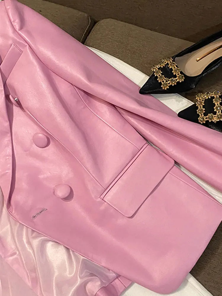 Stylish Short Pink Soft Pu Leather Long Sleeve Slim Fit Jackets for Women