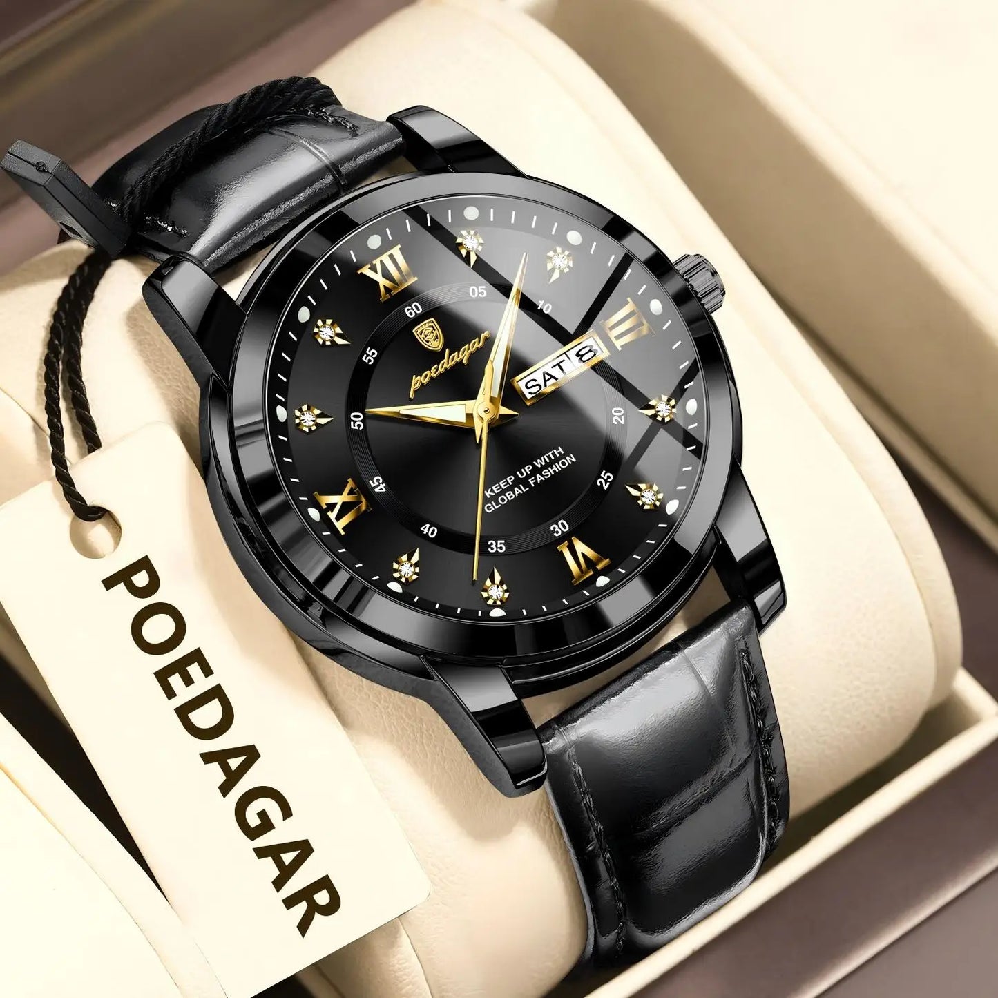POEDAGAR Luxury Man Watch Waterproof Luminous Leather Men Wristwatch