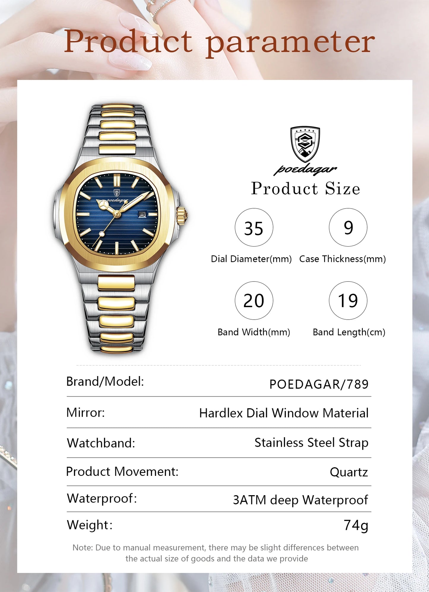 POEDAGAR Luxury Square Watch for Woman Waterproof Luminous Date Ladies Watch