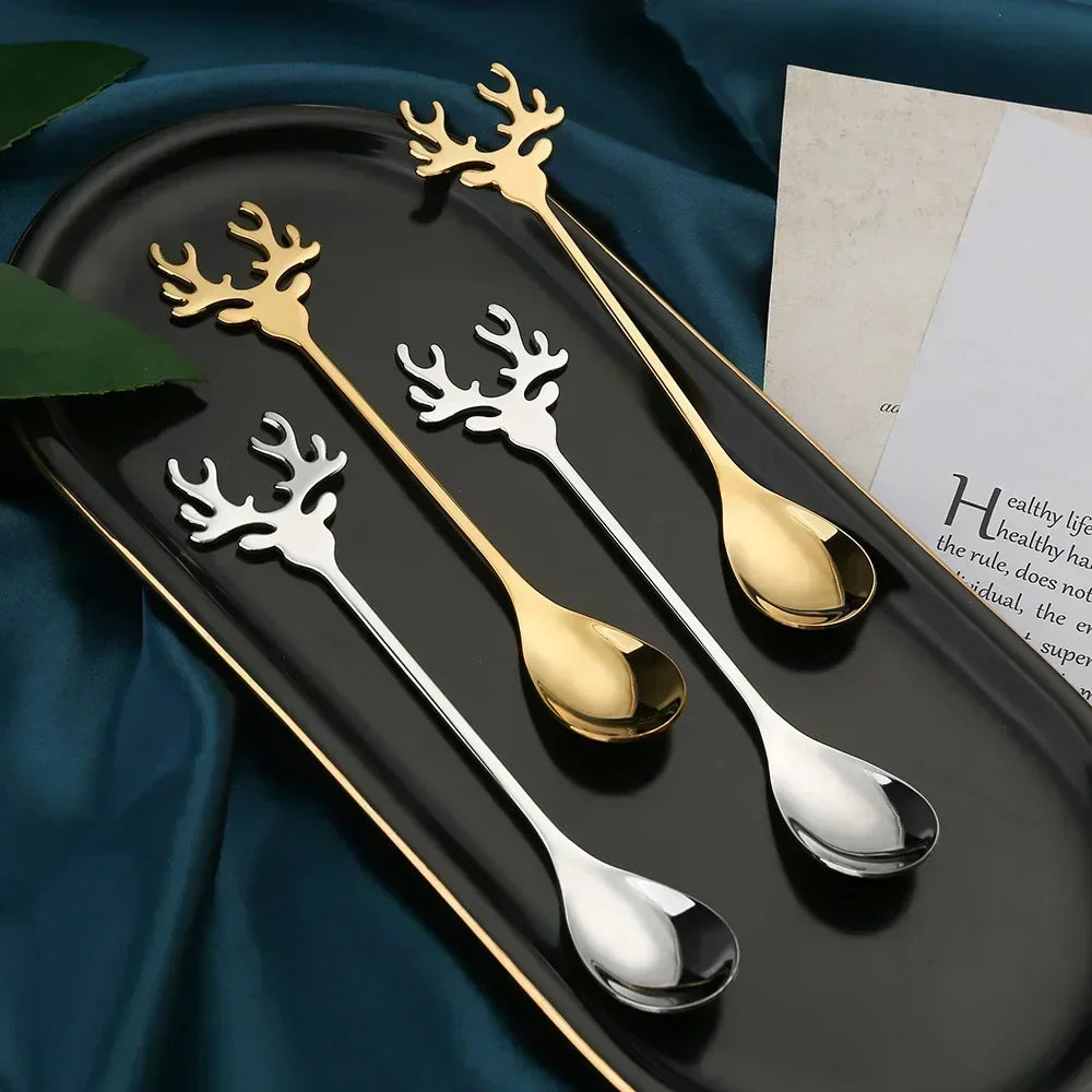 4pcs Christmas Elk Head Shape Stainless Coffee Spoon Christmas Decoration