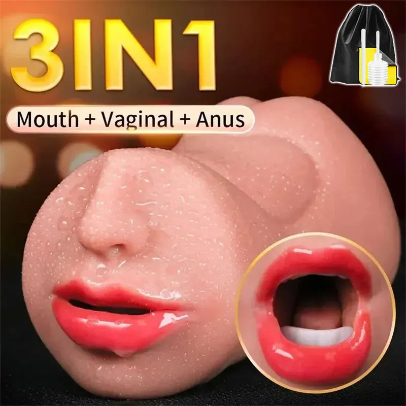 3 in 1 Male Masturbator Pocket Pussy 3D Textured Male Sex Toys with Sexy Mouth
