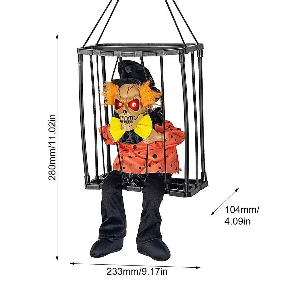 Halloween Hanging Ghost In Cage Prop Statue Voice Control Cage Design Luminous Skull