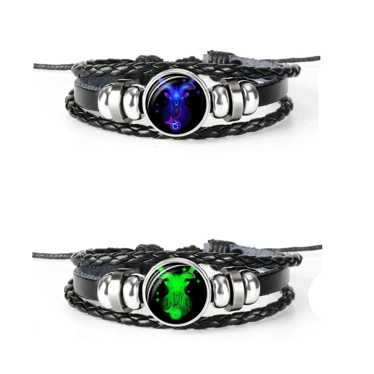 12 Constellation Zodiac Sign Black Braided Leather Bracelet