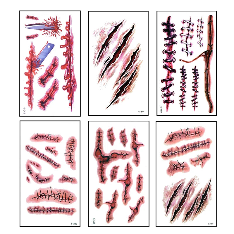 6pcs Halloween Bloody Wound Tattoo Stickers Trick Scary Waterproof Temporary Tattoo