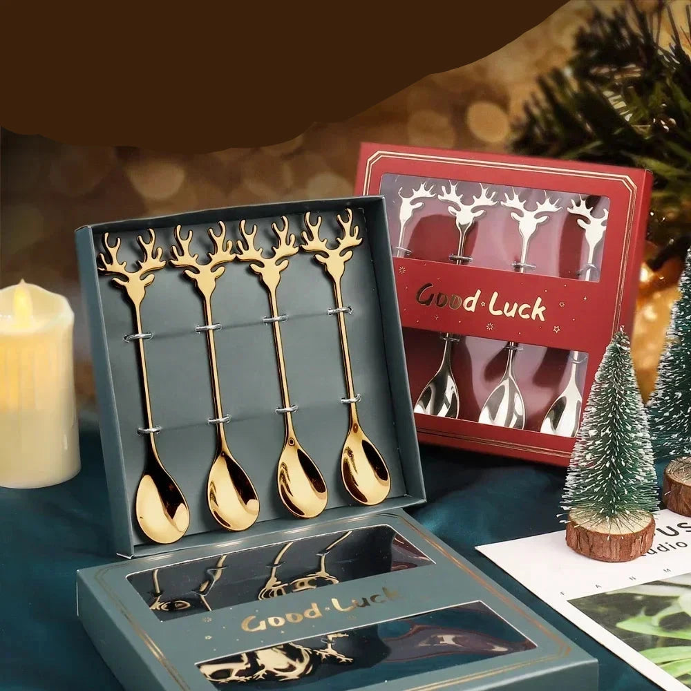 4pcs Christmas Elk Head Shape Stainless Coffee Spoon Christmas Decoration