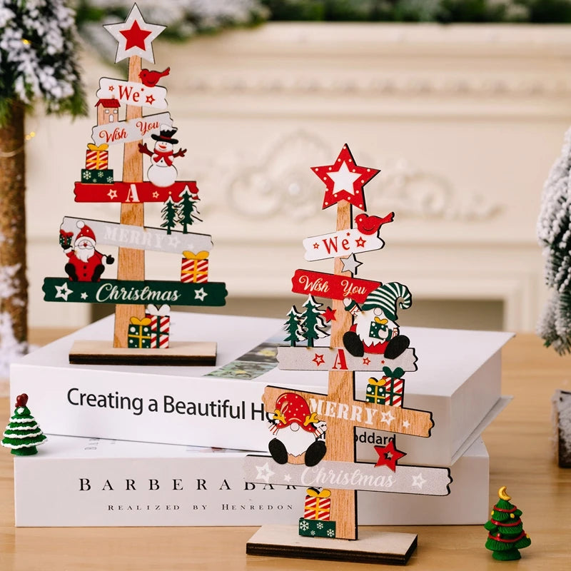 Wooden Christmas Tree Desktop Ornament Santa Claus Merry Christmas Sign