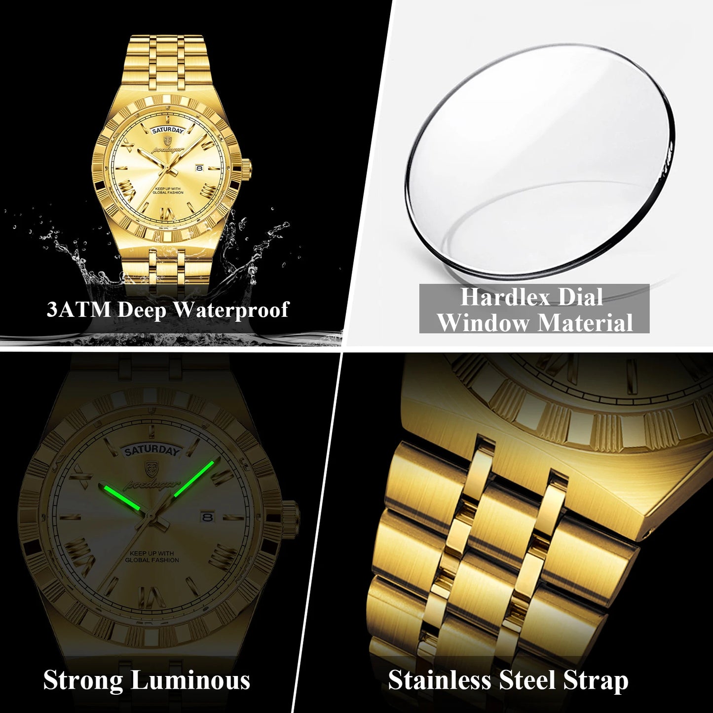 POEDAGAR Original Luxury Man Watch Week Date Luminous Waterproof Watches