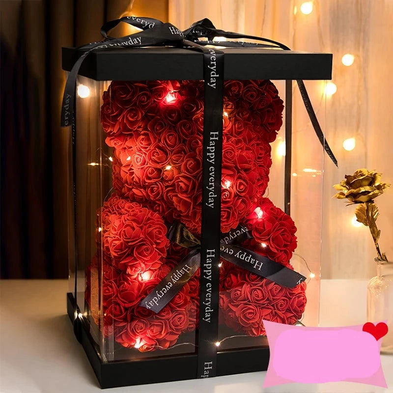 Valentine Gifts Decoration Rose Bear Artificial Flower With Box Lights