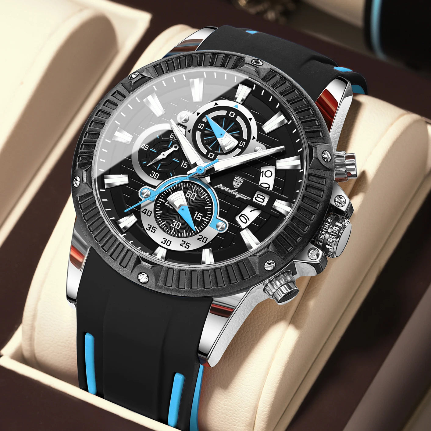 POEDAGAR Luxury Men Watch Silicone Strap Chronograph Date Man Wristwatch