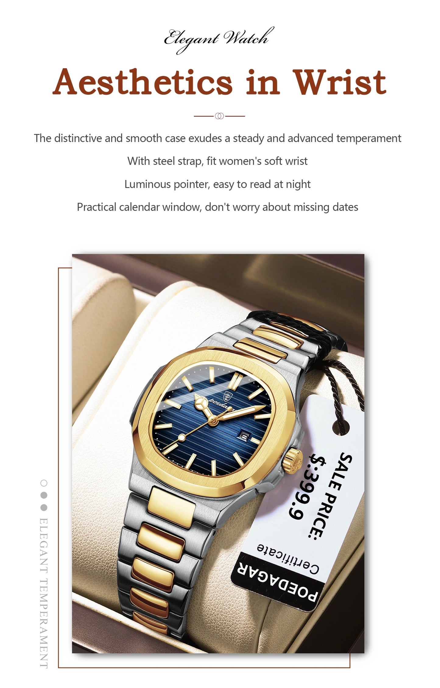 POEDAGAR Luxury Square Watch for Woman Waterproof Luminous Date Ladies Watch