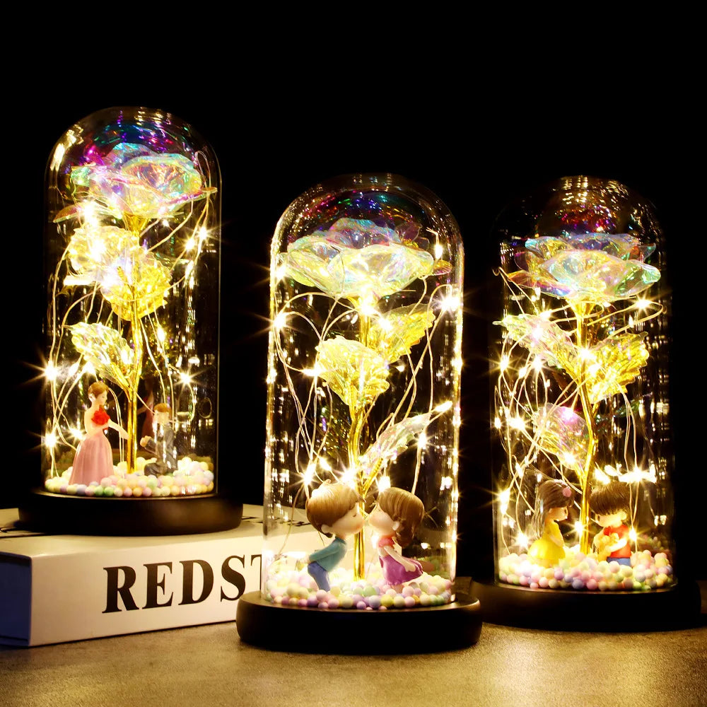 Rose Flower With Fairy String Lights In Dome For Christmas Valentine's Day Gift